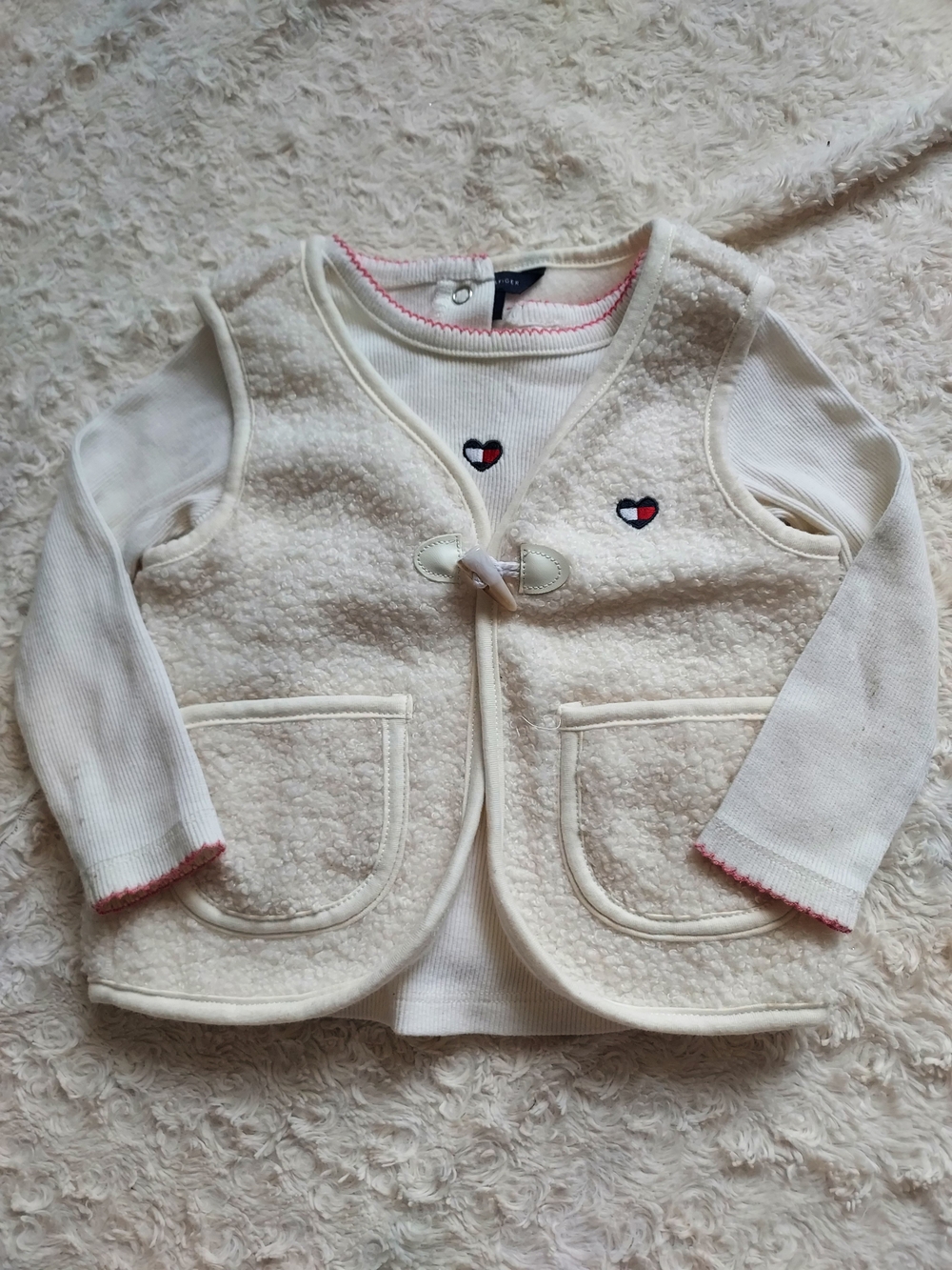 Tommy Hilfiger 18mo Cream Sherpa Vest & Long Sleeve Top Set Cool Weather Fall